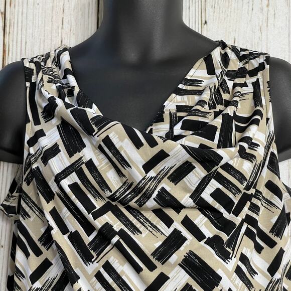 GNW Cowl Neck Sleeveless Top Womens XL Black Beige Abstract Print Statement Chic - Picture 2 of 6